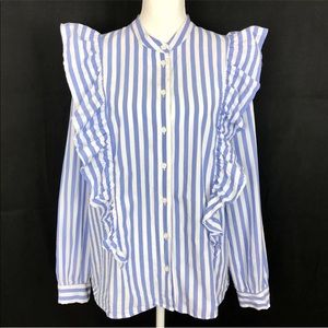Who What Wear Blue Striped Button down Ruffle Top